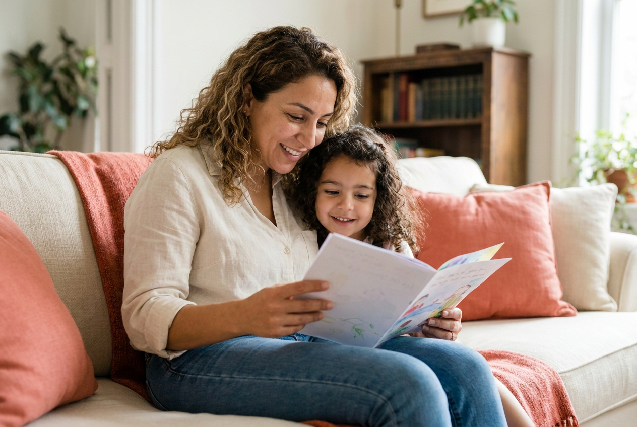 A parent and her young daughter on a sofa, reading a thin home-printed picture booklet together