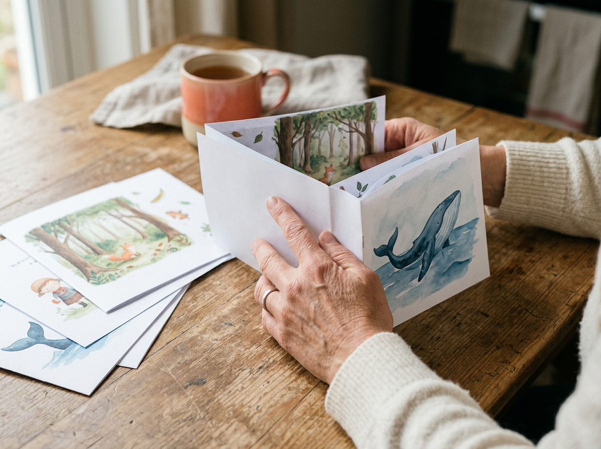 Adult hands folding a thin picture-story booklet printed at home, with loose illustrated pages on a wooden table